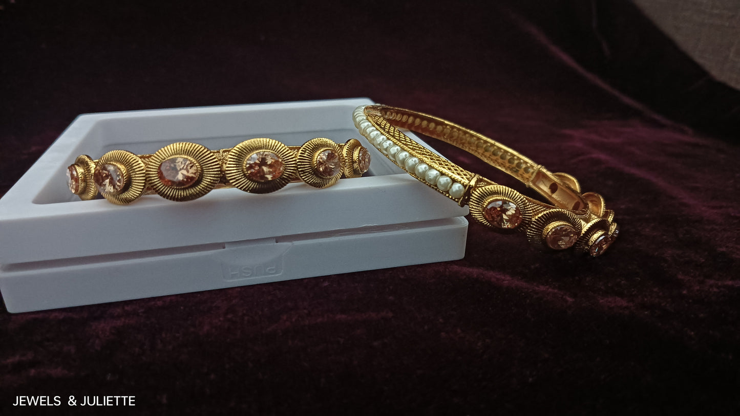 Gold-Toned Stone Bangles with Pearl Detailing